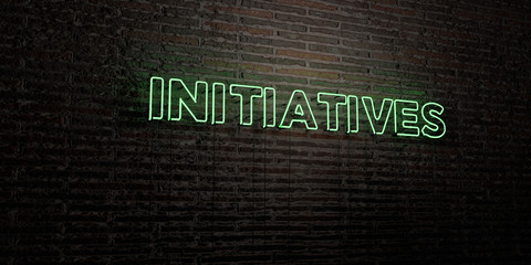 INITIATIVES -Realistic Neon Sign on Brick Wall background - 3D rendered royalty free stock image. Can be used for online banner ads and direct mailers..