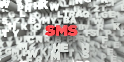 SMS -  Red text on typography background - 3D rendered royalty free stock image. This image can be used for an online website banner ad or a print postcard.