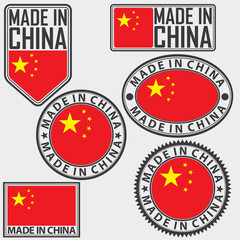 Made in China label set with flag, made in China sign set, vecto