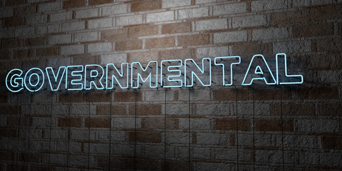 Fototapeta premium GOVERNMENTAL - Glowing Neon Sign on stonework wall - 3D rendered royalty free stock illustration. Can be used for online banner ads and direct mailers..