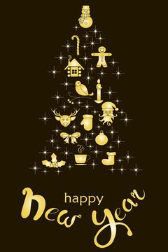 Typography banner with stylized gold Christmas tree and hand drawing lettering Happy New Year on black stock vector illustration