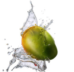Water splash and fruits isolated on white backgroud with clipping path. Fresh mango