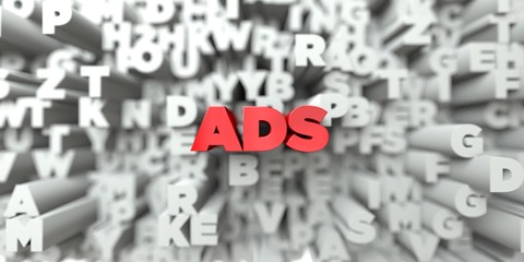 ADS -  Red text on typography background - 3D rendered royalty free stock image. This image can be used for an online website banner ad or a print postcard.
