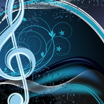 Music floral background: melody, notes, key, swirly.