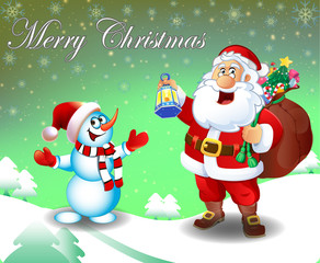 Merry Christmas. Santa and snowman. Congratulation. Illustration for the holiday. Background light gray, emerald green.