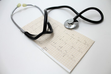 Stethoscope and electrocardiogram printed on a gray background