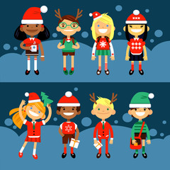 Set of characters elementary schoolchild, school students in Christmas costumes, the Fun  in the New Year. Schoolboys and schoolgirls  different nationalities.