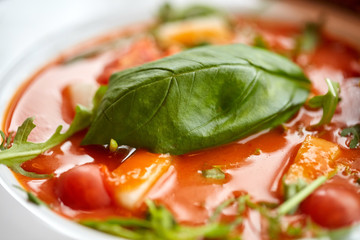 close up of gazpacho soup at restaurant