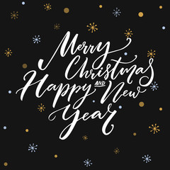 Fototapeta na wymiar Merry Christmas and Happy New Year calligraphy text on dark vector background with snowflakes. Greeting card design with typography