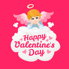 Baby angel vector cartoon character. Happy Valentines Day. Angel wings on a cloud. Greeting card. Cupid lying on a cloud isolated illustration. Eps 10.