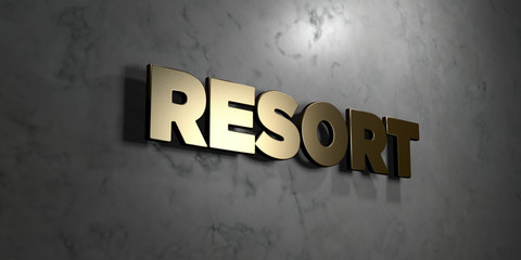 Resort - Gold sign mounted on glossy marble wall  - 3D rendered royalty free stock illustration. This image can be used for an online website banner ad or a print postcard.