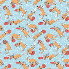 Cute activity dogs vector seamless pattern. Doodle background with frisbee sport pets. Funny animals playing, catching and retrieving plastic disk. 