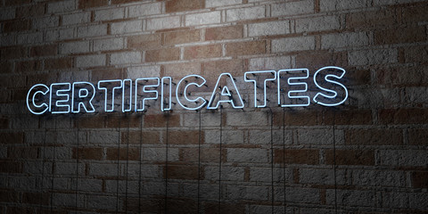 Fototapeta na wymiar CERTIFICATES - Glowing Neon Sign on stonework wall - 3D rendered royalty free stock illustration. Can be used for online banner ads and direct mailers..