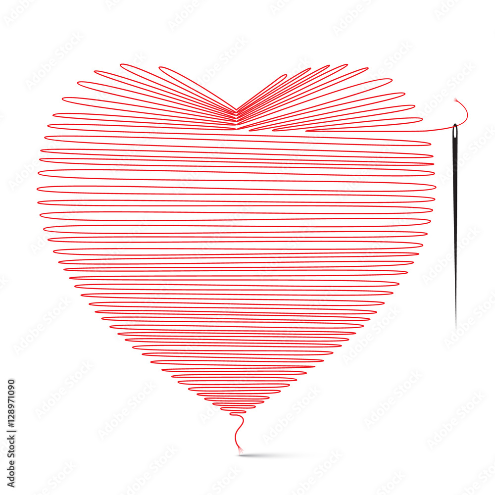 Poster Heart Icon Made from String with Needle. Vector Illustration Isolated on White Background