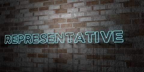 REPRESENTATIVE - Glowing Neon Sign on stonework wall - 3D rendered royalty free stock illustration.  Can be used for online banner ads and direct mailers..