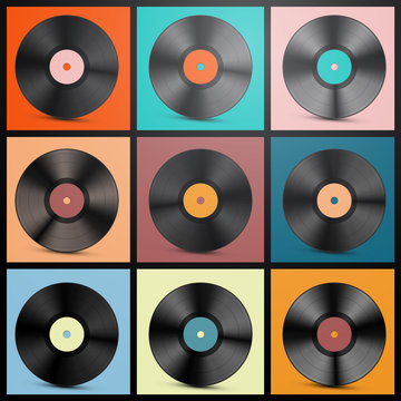 Vinyl Records. Retro LP Discs Set Vector Illustration.
