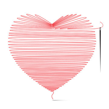 Heart Icon Made from String with Needle. Vector Illustration Isolated on White Background