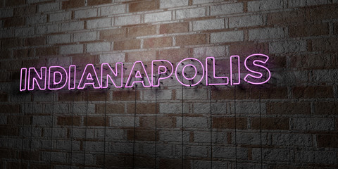 INDIANAPOLIS - Glowing Neon Sign on stonework wall - 3D rendered royalty free stock illustration.  Can be used for online banner ads and direct mailers..