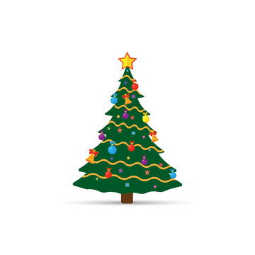 Decorated Christmas tree isolated on white background.