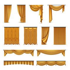 Golden Curtains Drapery Realistic Icons Collection  - obrazy, fototapety, plakaty