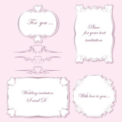 Set vintage dividers and frames of different shapes decorated with hearts. Vector illustration.