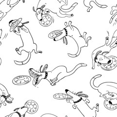 Cute activity dogs vector seamless pattern. Doodle background with dog disk