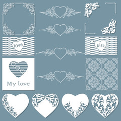 Collection of frames of different shapes, seamless patterns with hearts and separators. Vector illustration.