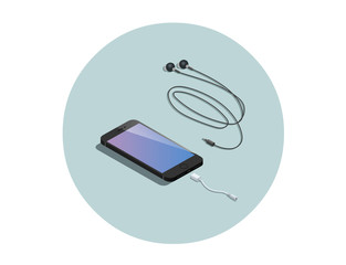 Vector isometric black smartphone with headphone adapter.