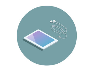 Vector isometric white tablet with headphones, 3d flat design device.