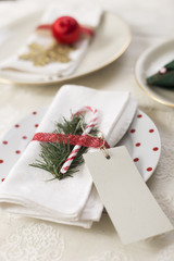 Top view of Christmas table setting with christmas decorations