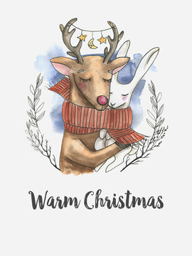 Hand-drawn watercolor greeting card template with Christmas reindeer and rabbit hugs. Warm and merry Christmas greetings. Cute cartoon illustration
