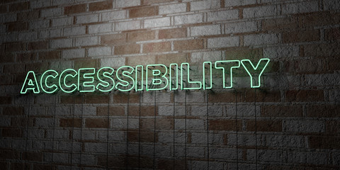 ACCESSIBILITY - Glowing Neon Sign on stonework wall - 3D rendered royalty free stock illustration.  Can be used for online banner ads and direct mailers..