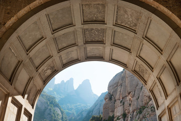View from the entrance of Montserrat monastery - obrazy, fototapety, plakaty