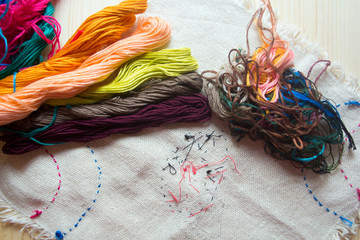 embroidery floss and cotton fabric with embroidery on wooden background. handmade concept. textile...