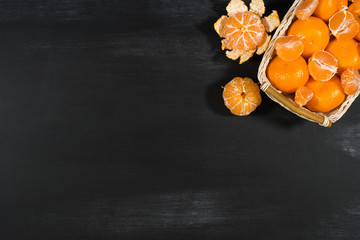 Tangerines in a basket on a black board.