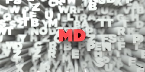 MD -  Red text on typography background - 3D rendered royalty free stock image. This image can be used for an online website banner ad or a print postcard.