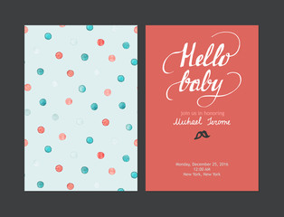 Baby shower boy or girl invitation, vector templates. Pastel cards with watercolor dots and hand drawn text on red background.