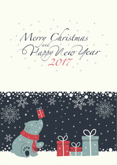 The cover design. Depicts a seated little polar bear with gift box on the nose. Polar bear with the  red scarf.  Phrase merry Christmas and a happy New year on blue background on the white background.