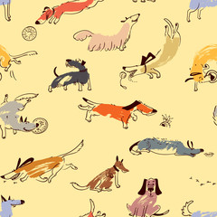 Hand drawn doodle cute dogs. Seamless pattern with plaing pets