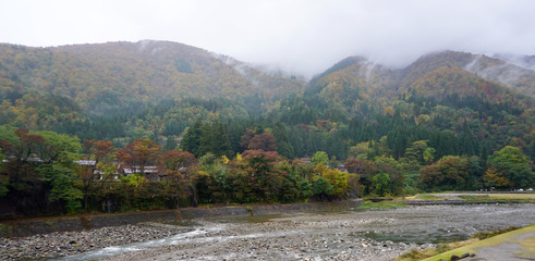 Beautiful autumn trees along the river of Shirakawa village