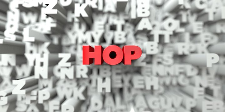 HOP -  Red text on typography background - 3D rendered royalty free stock image. This image can be used for an online website banner ad or a print postcard.