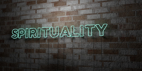 Fototapeta na wymiar SPIRITUALITY - Glowing Neon Sign on stonework wall - 3D rendered royalty free stock illustration. Can be used for online banner ads and direct mailers..