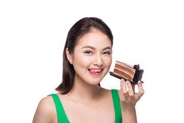 Beautiful smiling asian young woman with a chocolate cake isolat