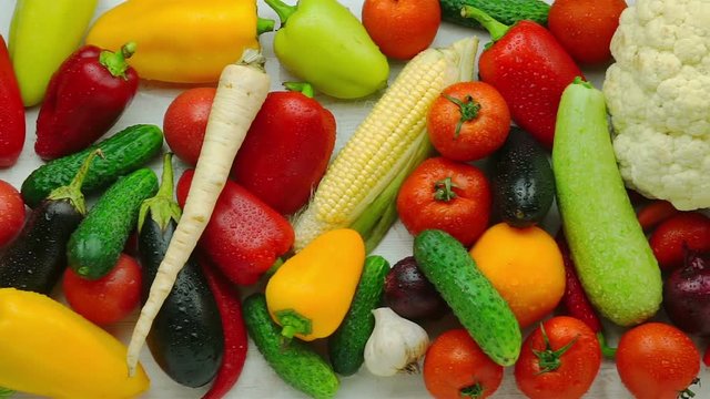 Tracking Shot of Fresh Organic Vegetables: Carrot, Cucumber, Onion, Pepper, Tomato, Squash, eggplant, garlic, cauliflower, corn
