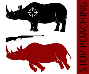 Vector illustration - concept of saving rhino and stopping poaching. Isolated silhouette of the alive and dead animal on white background. Also target and gun. Social problem of illegal hunting.
