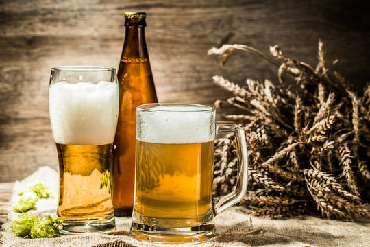 Beer mugs, glasses, bottle on cloth with hop ,wheat