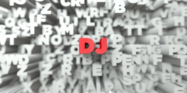 DJ -  Red text on typography background - 3D rendered royalty free stock image. This image can be used for an online website banner ad or a print postcard.