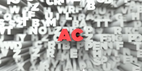 AC -  Red text on typography background - 3D rendered royalty free stock image. This image can be used for an online website banner ad or a print postcard.