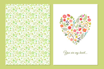 Fototapeta premium Cute vintage floral cards set. Heart shape with flowers and leaves. Beautiful background Cards for greeting, invitation, wedding, party, hen-party, baby shower, mother's day, valentines. Gentle vector