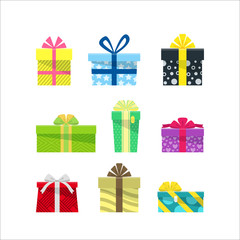 Set of colorful flat gift boxes. Presents for holiday. Modern design. Collection of cute icon boxes with ribbons. Christmas and New Year elements for decoration. Vector illustration isolated on white.